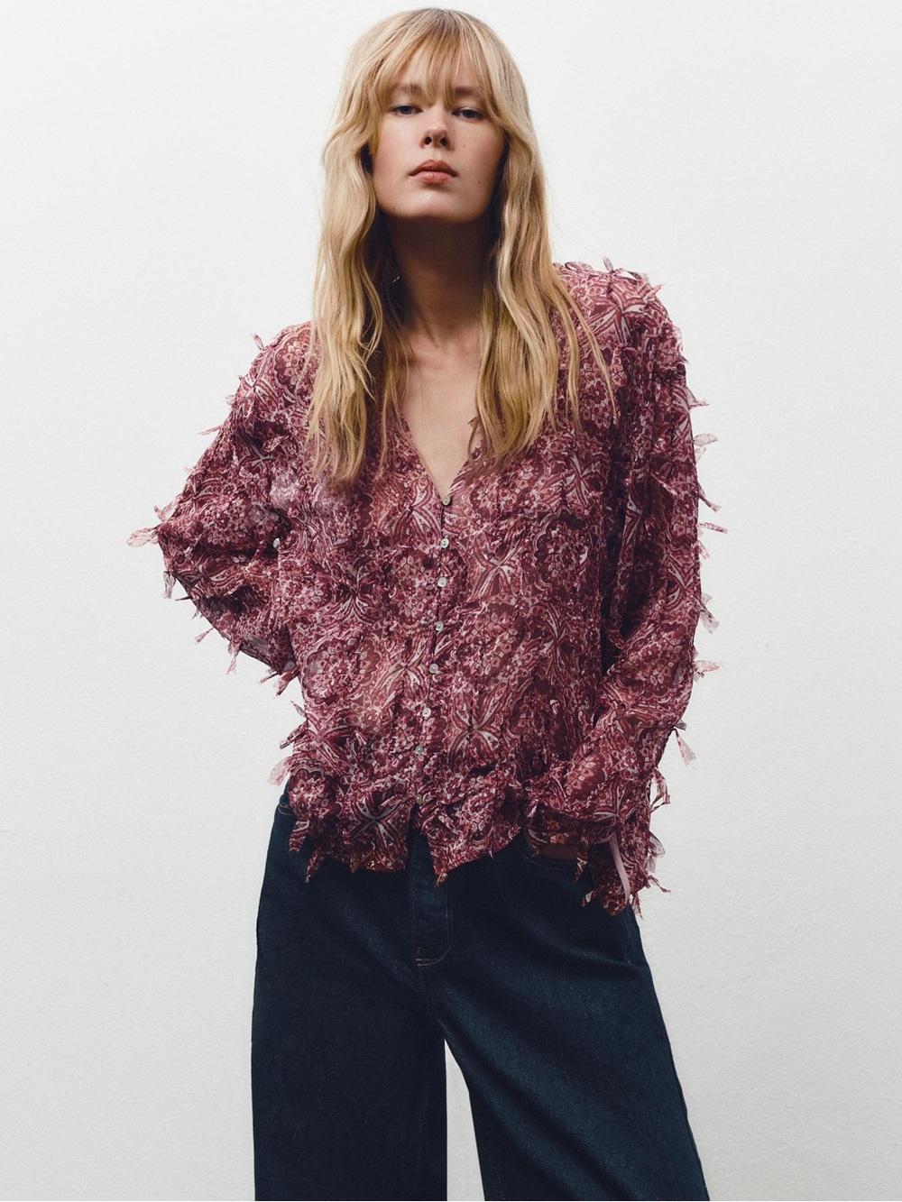 Zara Paisley Sheer Button-Front Blouse